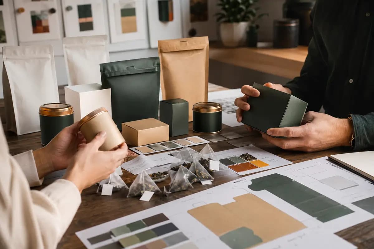 Tea packaging prototypes reviewed during private label development