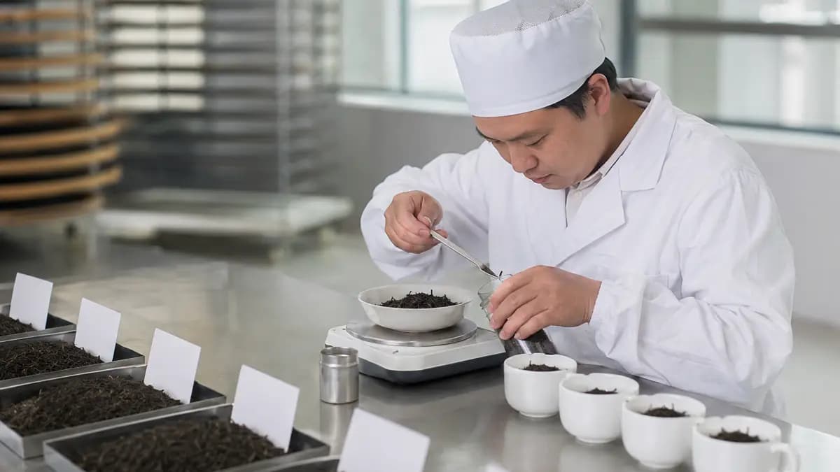 Tea samples alongside specification sheets and certificates of analysis