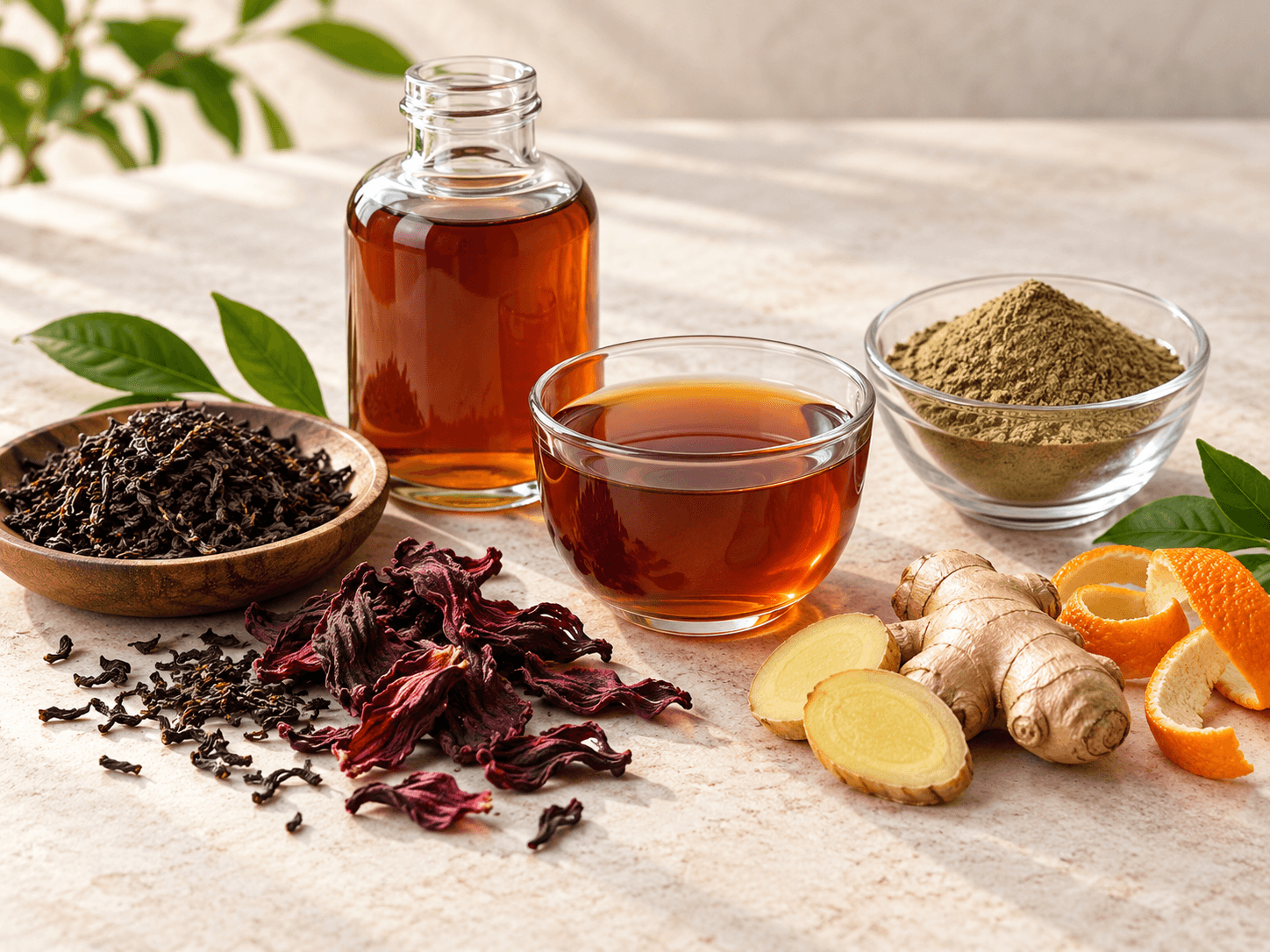 Illustrative still life of tea and botanical extract formats with tea leaves, hibiscus, ginger and citrus