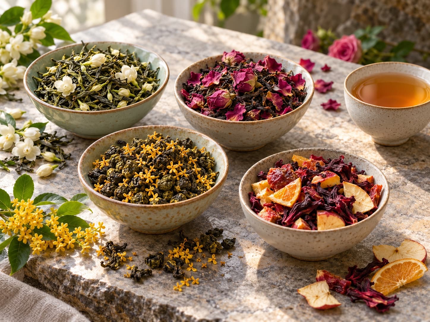 Illustrative wholesale range of jasmine, rose, osmanthus and dried-fruit tea blends