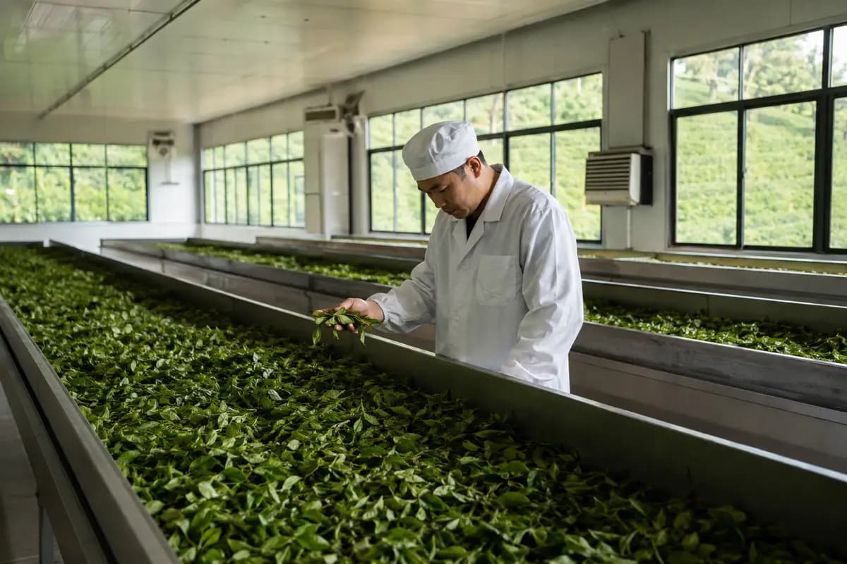 Fresh tea leaves resting in controlled withering troughs