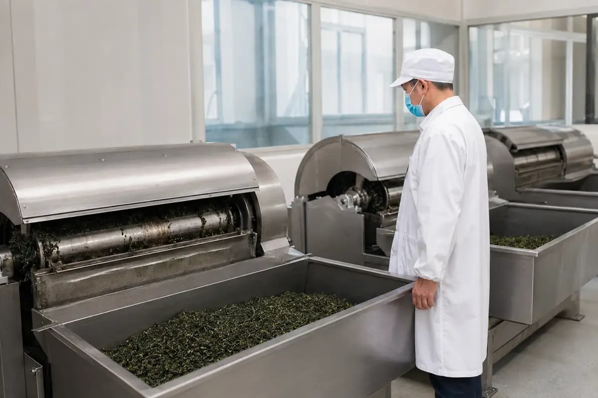 Tea rolling equipment operating in a clean processing room