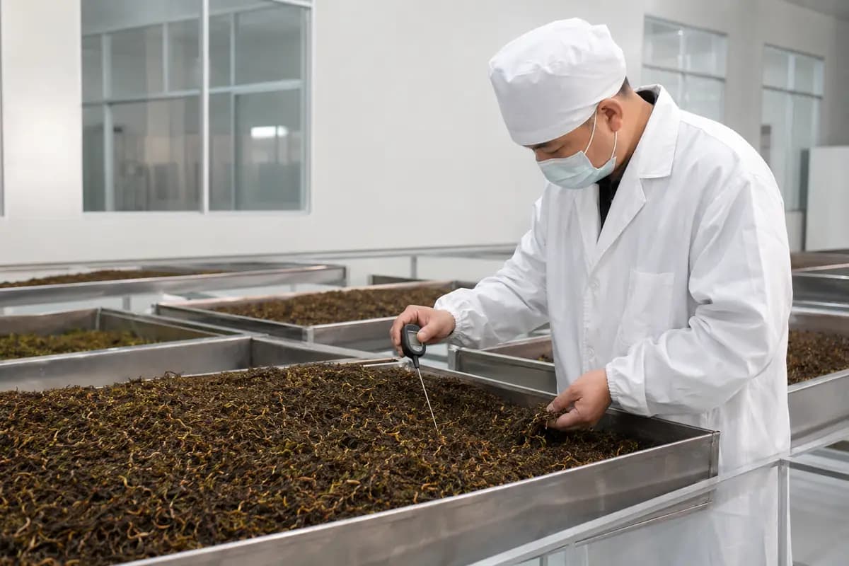 Black tea leaves undergoing controlled oxidation