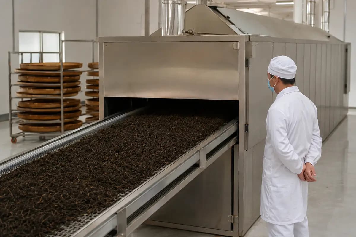 Black tea moving through an industrial drying line