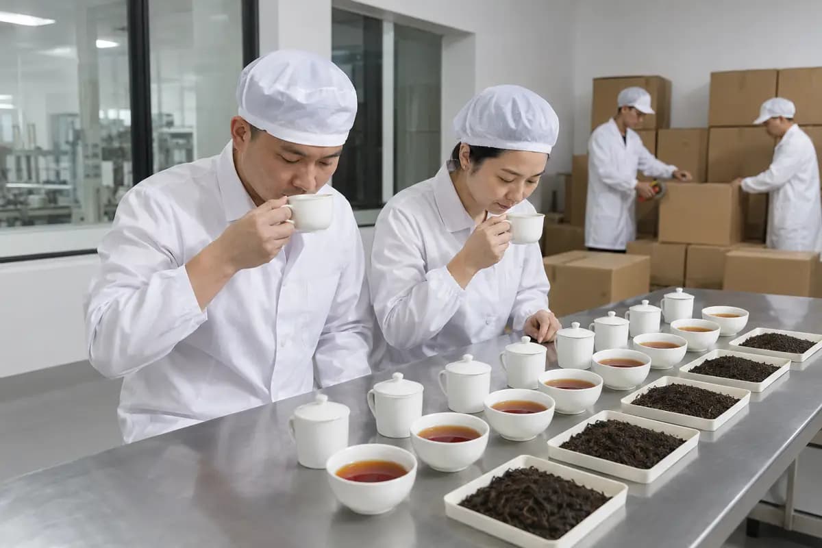 Quality staff evaluating rows of black tea samples