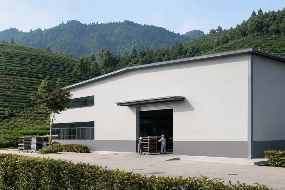 Tea processing building beside mountain tea fields