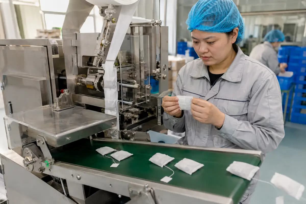 Tea bag packing machine producing plain double-chamber sachets