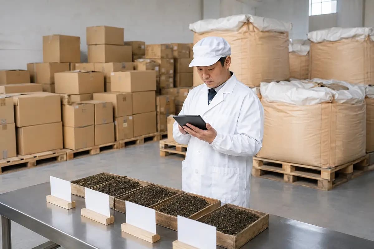 Bulk tea cartons and lined bags stored on pallets