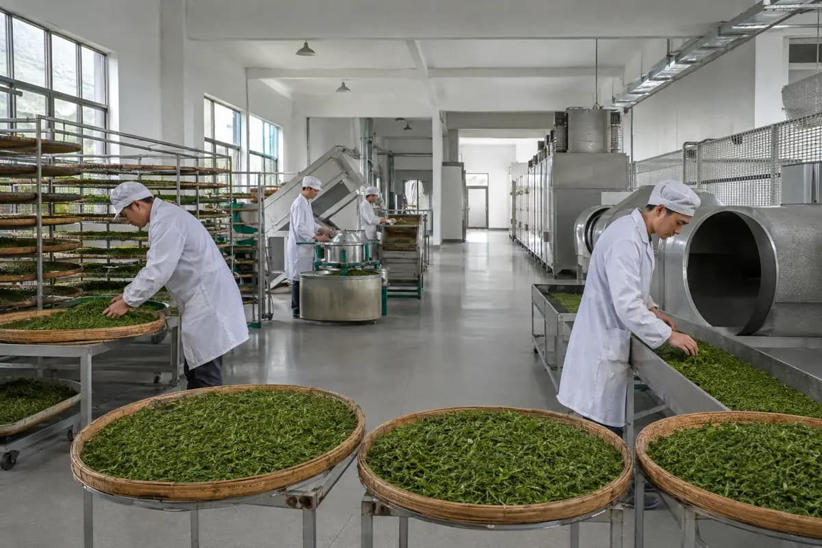 Organised tea processing workshop with multiple production zones