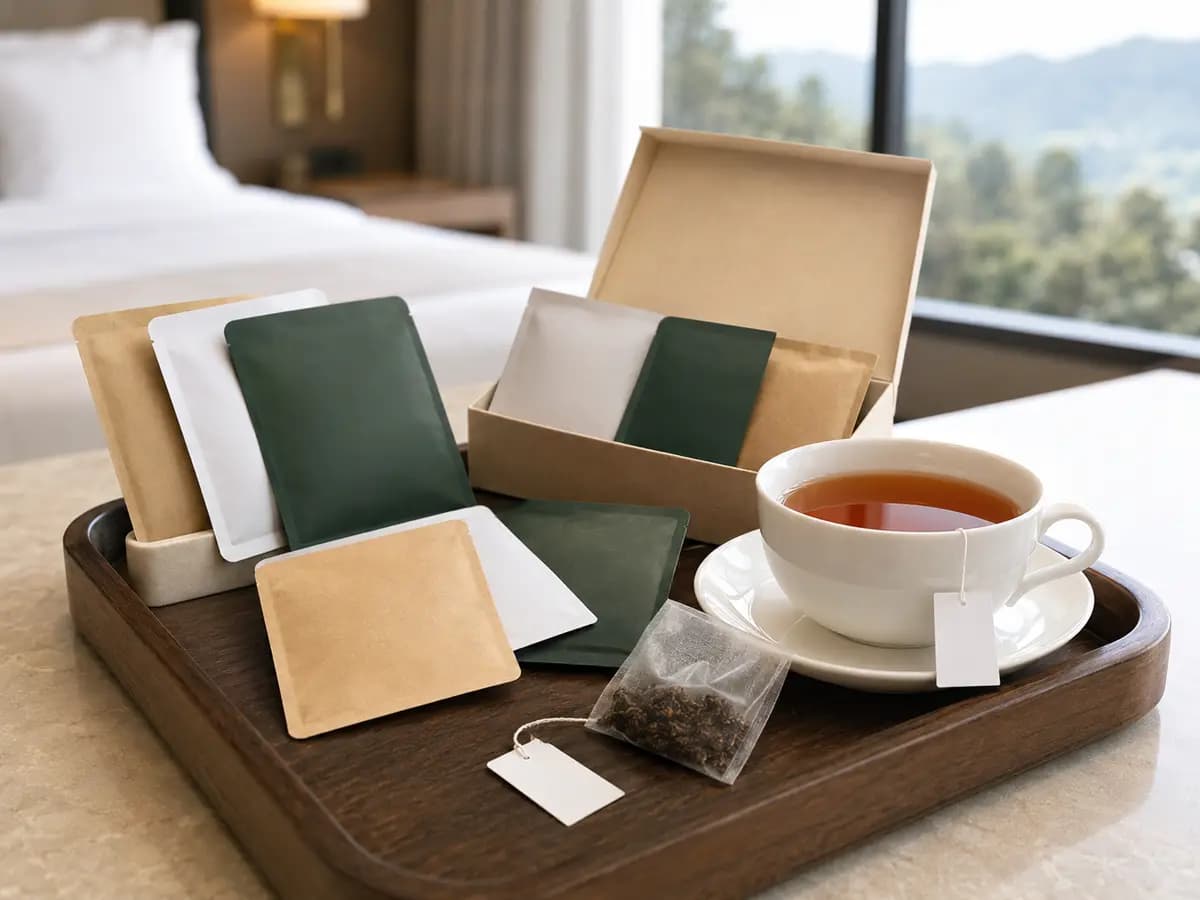 Individually wrapped hotel tea sachets prepared for OEM printing