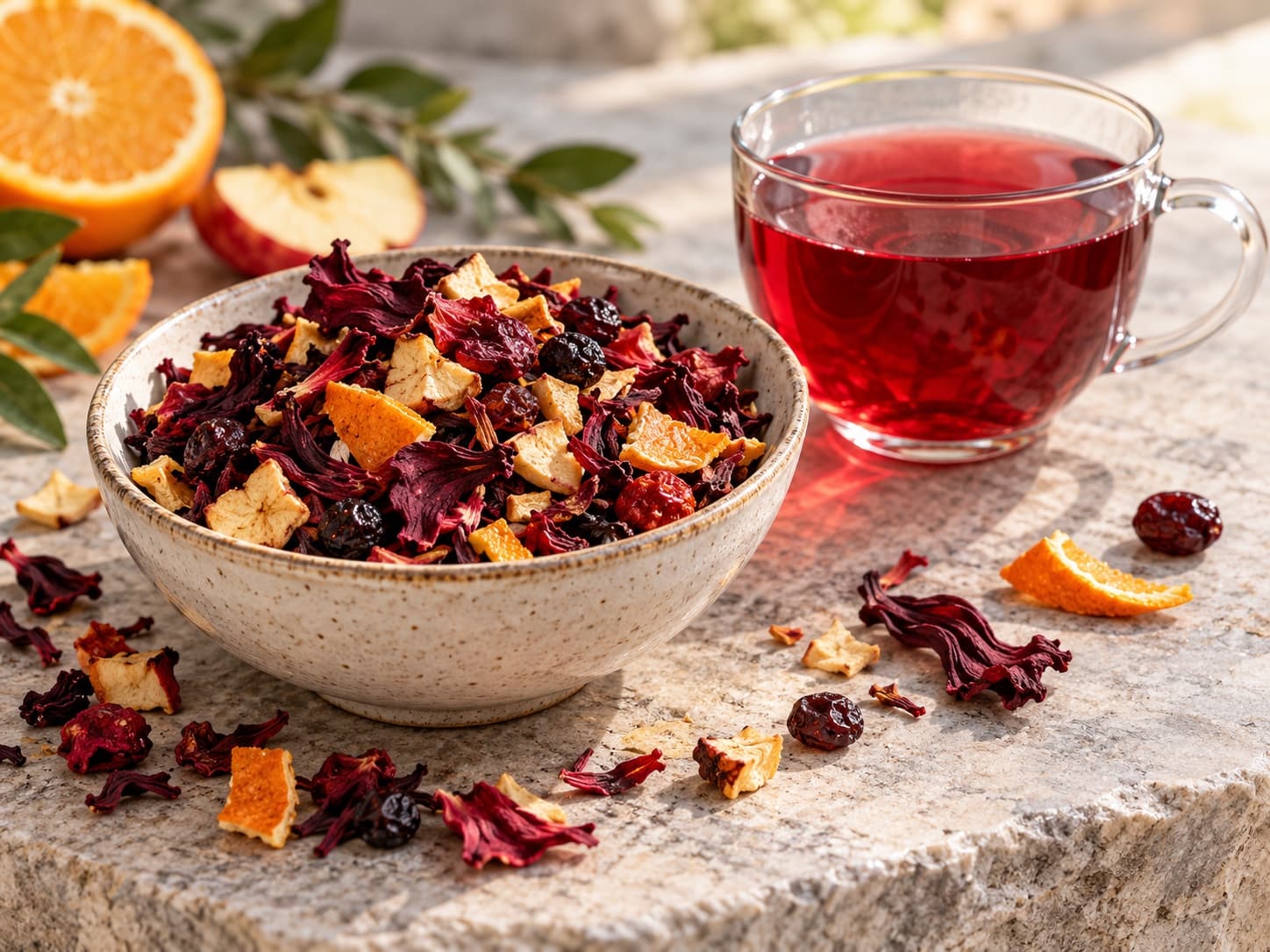Illustrative dried fruit tea blend and prepared infusion