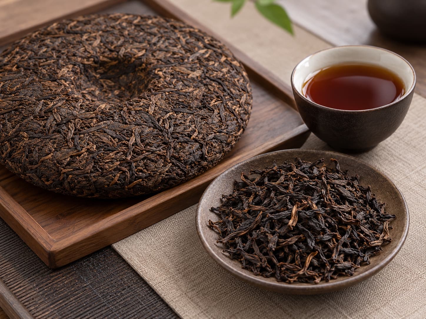Illustrative compressed and loose Pu-erh tea