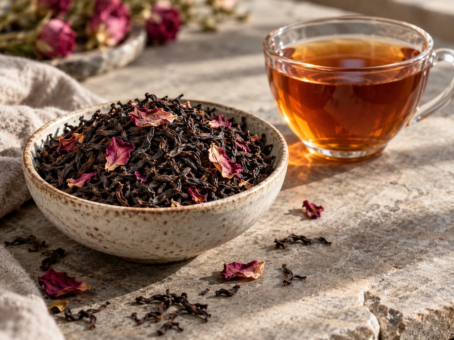 Illustrative rose black tea ingredients and infusion