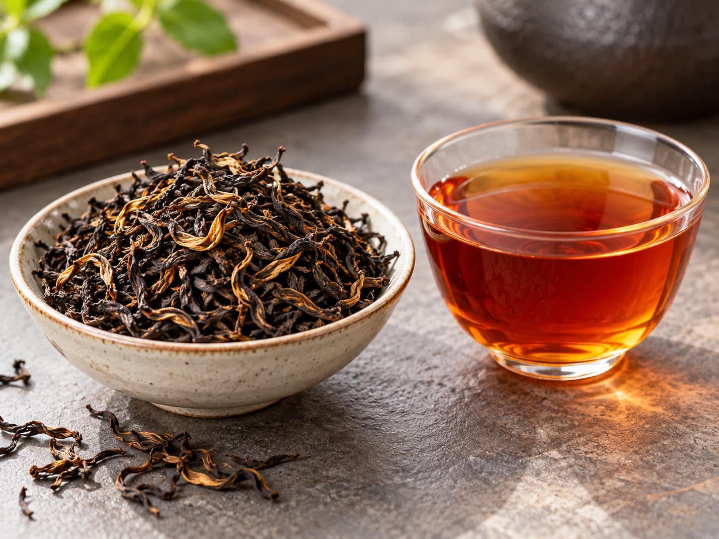 Illustrative Yunnan Dianhong black tea and amber liquor