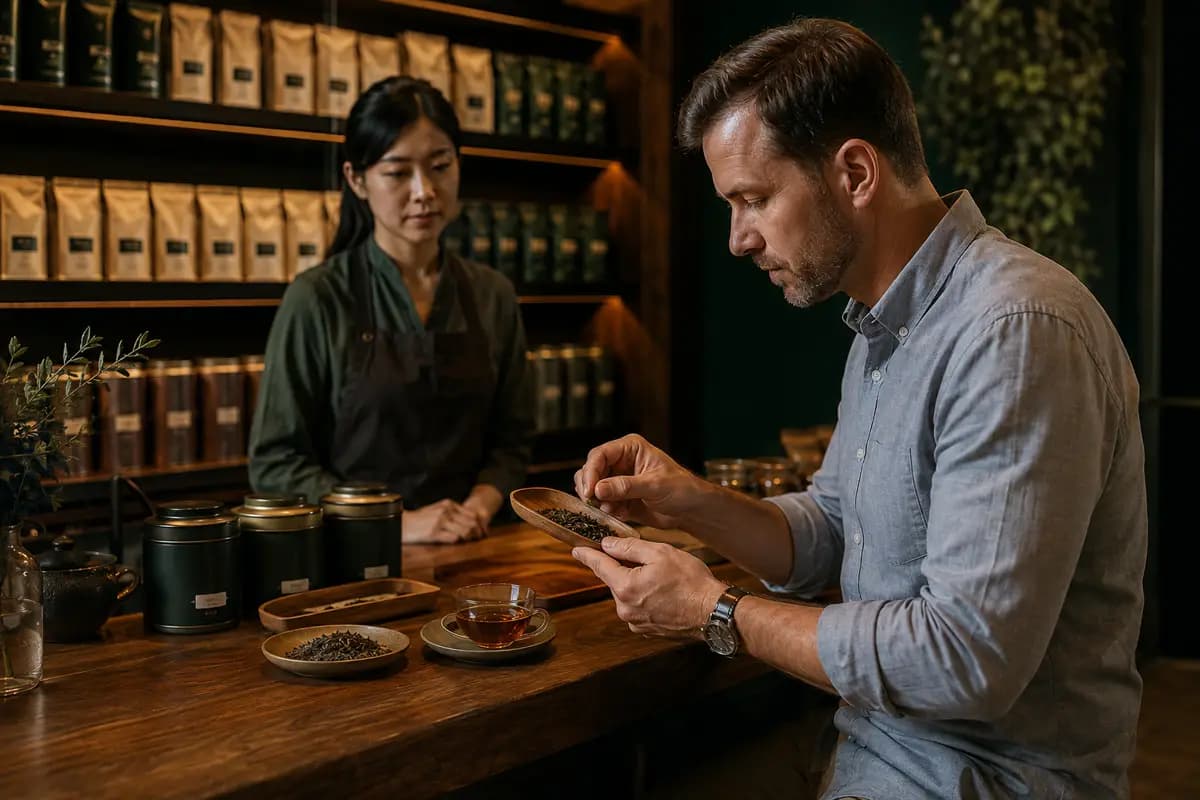 Specialty tea buyer evaluating loose leaf tea in a boutique shop