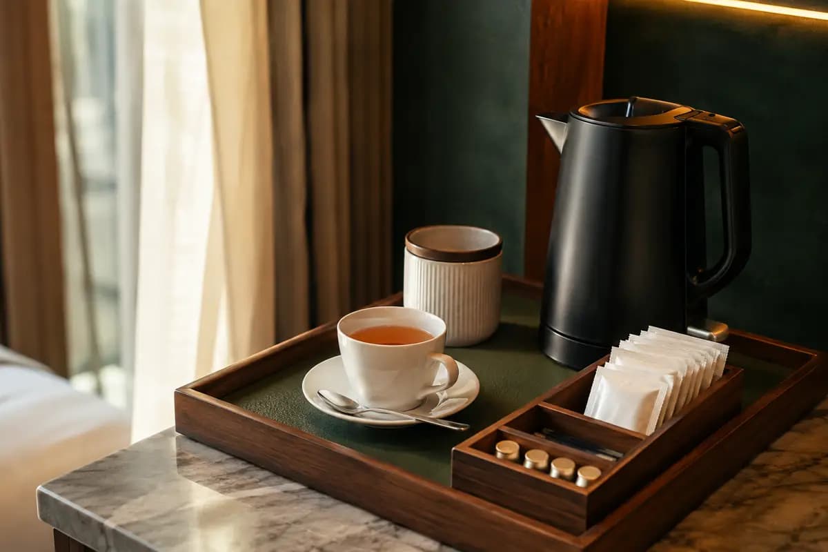 Black tea and individually wrapped sachets on a hotel beverage tray