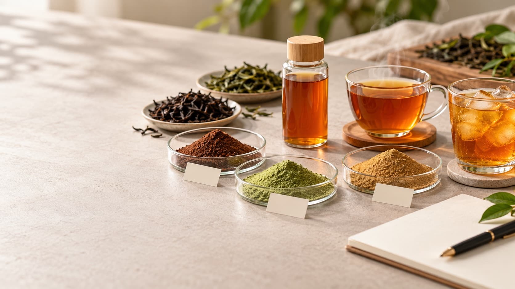 Illustrative comparison of tea powder samples, liquid concentrate and brewed tea for a buyer specification review