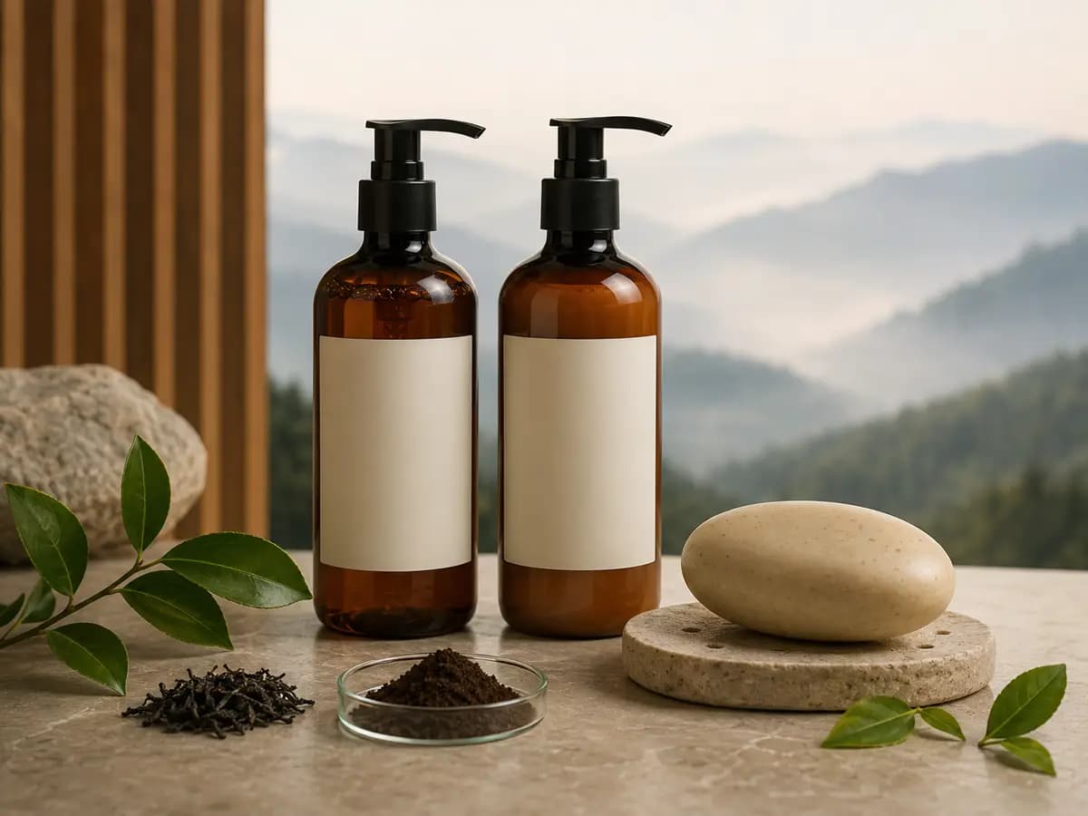 Private label shampoo bottles and shampoo bar with tea extract