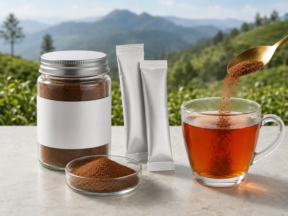 Instant black tea powder in bulk jar and stick sachets